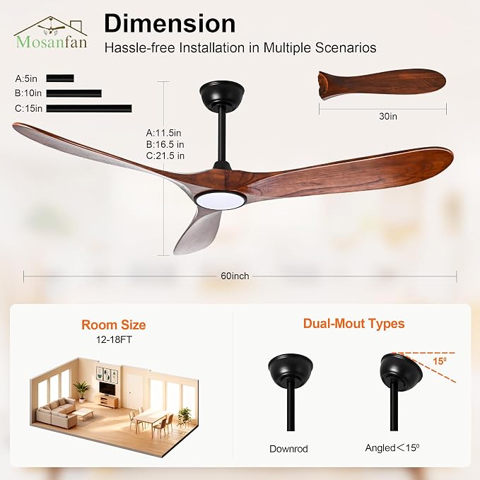 60 Inch Ceiling Fans with Lights and Remote, Wood Outdoor Ceiling Fan with 6 Speed Noiseless DC Motor, Indoor Modern 3 Blade Propeller Ceiling Fan for Bedroom Living Room Gazebo Patio(Walnut)