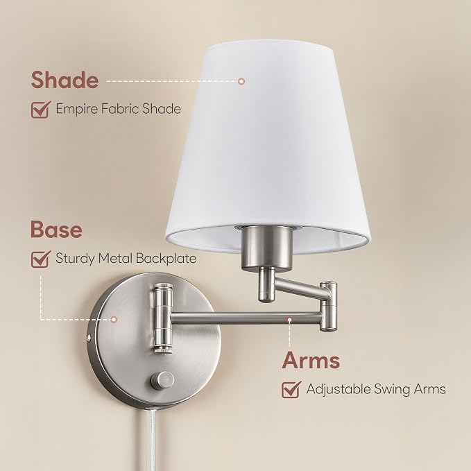 VONLUCE Wall Sconce Set of 2, Plug in & Hardwired Swing Arm Wall Lamps, Adjustable Wall Mounted Lighting Fixtures, Modern Wall Lights with Nickel Base White Fabric Shade for Bedside, Hallway, Study