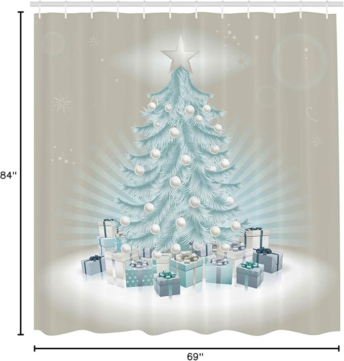Ambesonne Christmas Shower Curtain, Merry Xmas Themed Fir Tree with Ornate Tree Topper and Baubles, Cloth Fabric Bathroom Decor Set with Hooks, 69" W x 84" L, Mint Green Slate Blue