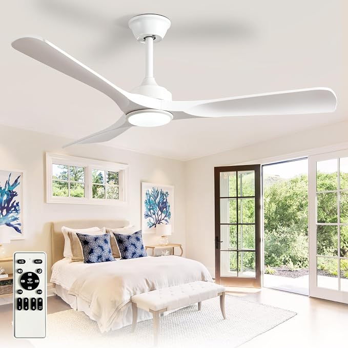 Outdoor Ceiling Fan with Light: 52 Inch 3 Blade Outdoor Fans for Patios - Modern White Ceiling Fan with Dimmable Light Remote APP Control Ultra Quiet Reversible DC Motor Timer