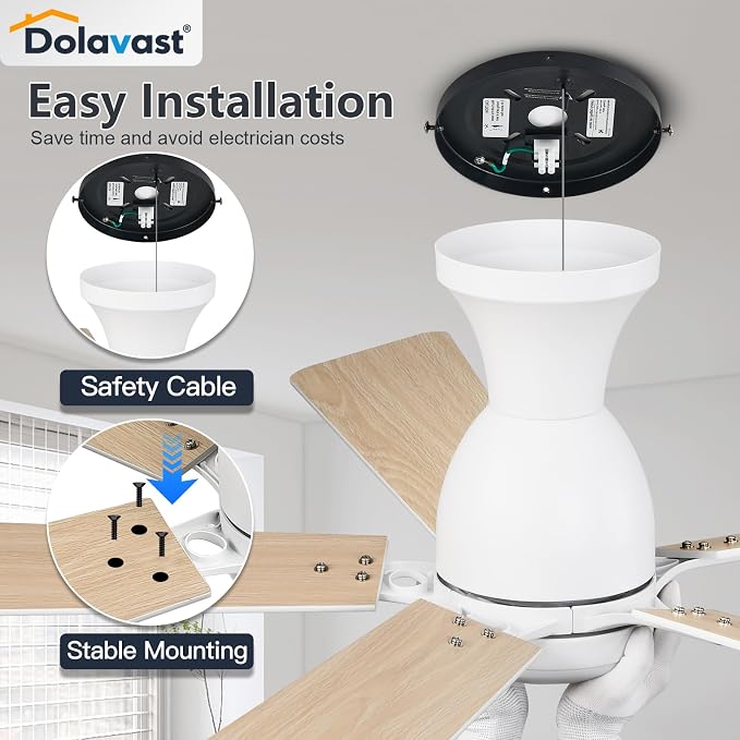 Ceiling Fans with Lights, 60 Inch Low Profile Ceiling Fan with Light and Remote Control, Flush Mount, Reversible, 3CCT, Dimmable LED, Quiet, White Ceiling Fan for Bedroom, Living Room