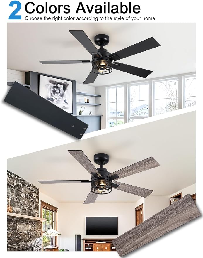 46 Inch Farmhouse Ceiling Fans with Lights and Remote, Black Industrial Caged Rustic Ceiling Fans for Bedroom, Living Room, 6-Speed Reversible Quiet DC Motor, Rustic Design