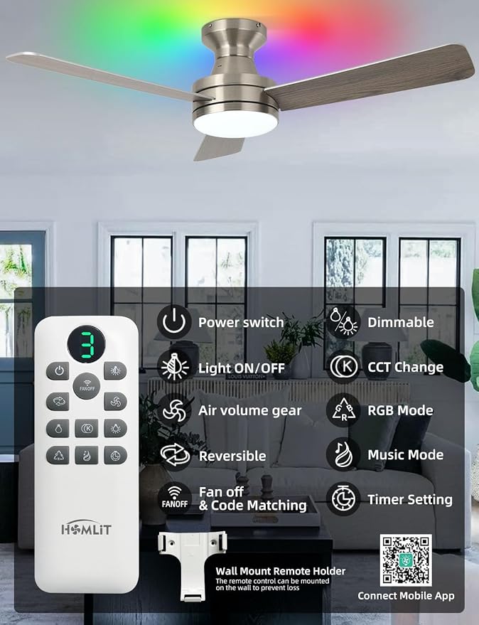 42 inch RGB Ceiling Fan with Light, Smart App & Remote Control Low Profile Flush Mount, Music Sync Lighting, 6-Speed Quiet Reversible DC Motor, 4CCT Dimmable for Home Office Party