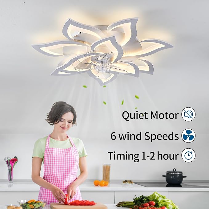 32inch White Flower Modern Ceiling Fans with Lights, Low Profile Ceiling Fan with Remote for Bedroom, Flush Mount Ceiling Fan with LED Dimmable Light,6-Speeds, Timing Ceiling Fan Light