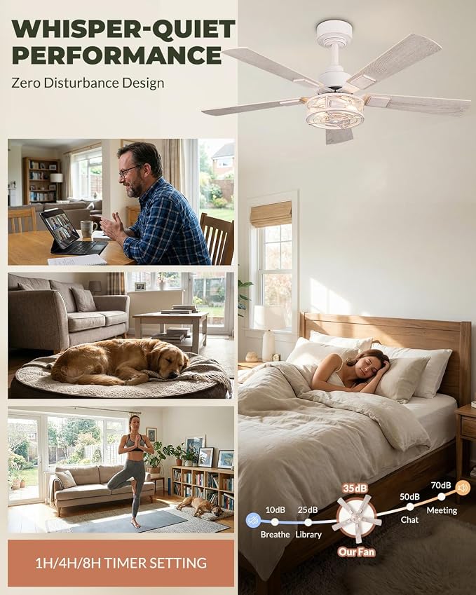 42 Inch Ceiling Fans with Lights, Remote Control Ceiling Fan for Bedroom Living Room, Quiet and Reversible DC Motor, Low Profile Flush Mount 6-Speed 5 Blades Caged Ceiling Fan, White