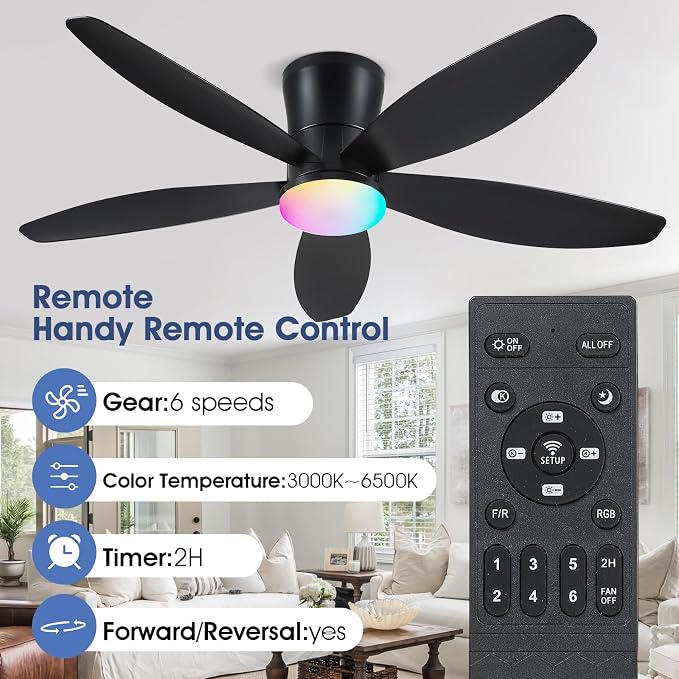 Surtime Flush Mount RGB Ceiling Fans with Lights-48 Low Profile Ceiling Fan with Light and Remote/APP Control,DC Reversible,LED Dimmable Blakc Ceiling Fans for Bedroom,Indoor/Outdoor Patio Use