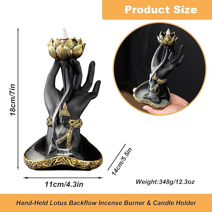 Hand-Held Lotus Backflow Incense Burner & Candle Holder - Zen Waterfall Incense Fountain with Buddha Statue, Resin Incense Burner for Home Decor, Meditation & Yoga Relaxation