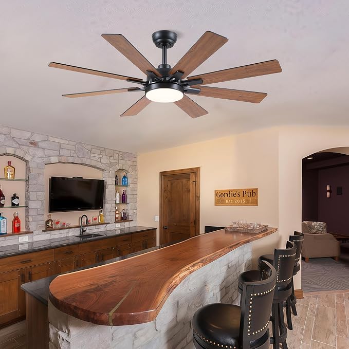 Kviflon 52 Inch Ceiling Fans with Lights, Modern Brown Ceiling fan with light for Bedroom Living Room Indoor Outdoor, Remote/APP Control, Reversible Quiet DC Motor, Dimmable LED, 8 Wooden Blades