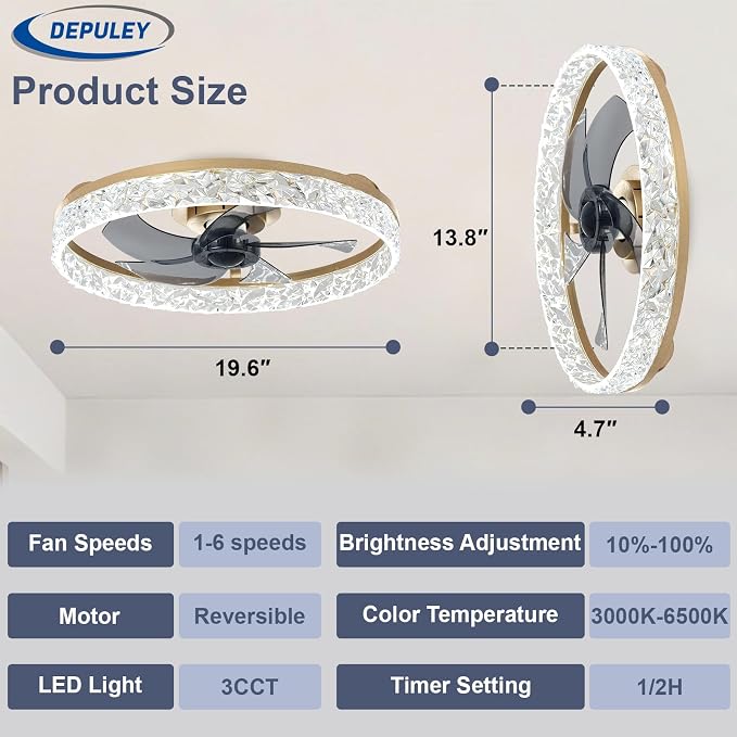 Depuley Ceiling Fans with Lights and Remote: 20" Modern Low Profile Flush Mount Ceiling Fan with App Remote Control - Gold Fandelier for Bedroom Living Room Kitchen Dimmable Quiet DC Motor
