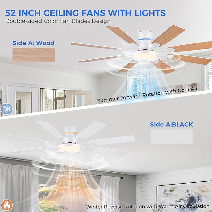 Ayaoty Ceiling Fans with Lights - 60in Flush Mount Ceiling Fan with RGB Dimmable, 3CCT 6 Wind Speeds and Reversible Quiet Motor, Low Profile RGB Fan Light for Modern Indoor, Party - White