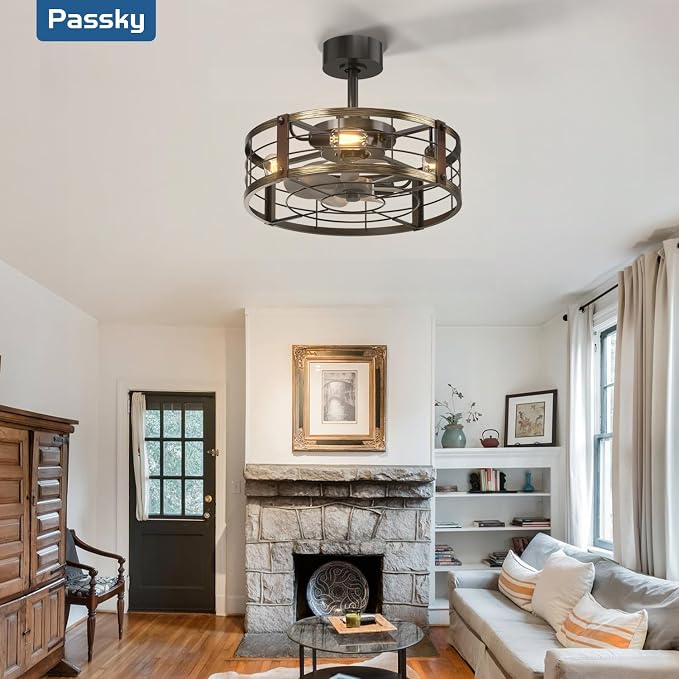 Passky 20 Inch Farmhouse Caged Ceiling Fans with Lights and Remote, Black Downrod Mount Bladeless Fandelier, 6 Speeds Bladeless Ceiling Fan Light for Bedroom, Kitchen, Living Room, Indoor