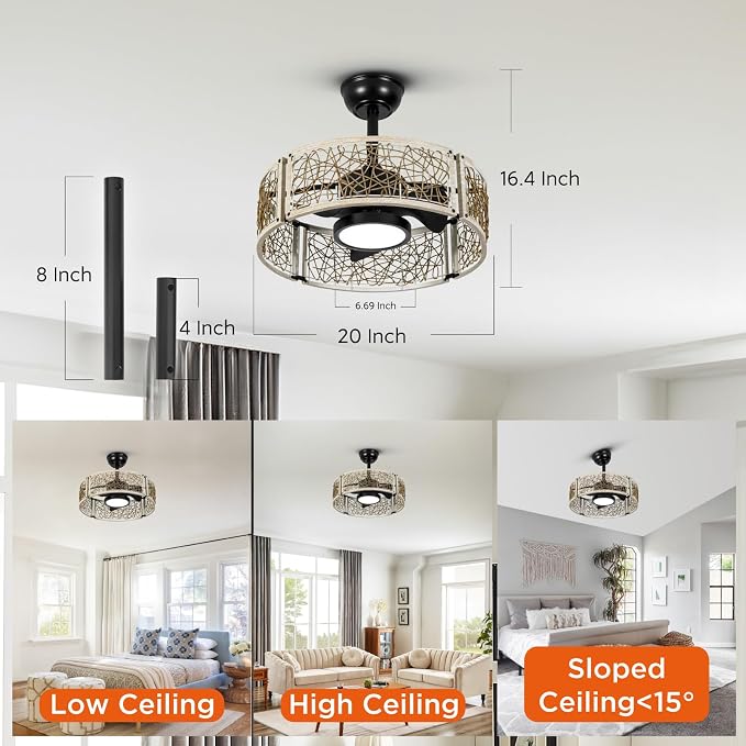TALOYA 20 Inch Caged Ceiling Fans with Lights Chandelier Remote Control Flush Mount Low Profile for Bedroom Living Room Patio,Reversible,Buzzer Mute,Dimmable Led Light Included,Fandelier,White Oak