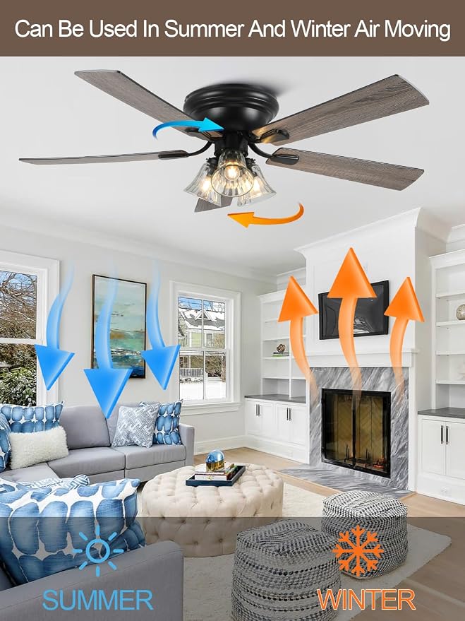 52" Flush Mount Farmhouse Ceiling Fan with Lights and Remote, Rustic Vintage Ceiling Fan Antique Fandelier 3-Lights 5 Reversible Blades Chandelier for Bedroom Living Room Dining Room