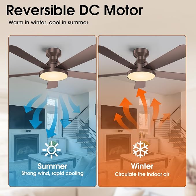 Ceiling Fans with Lights, 46" Low Profile Ceiling Fan with Light, Remote/App Control, Flush Mount Ceiling Fan for Bedroom, Indoor/Outdoor (Brown)