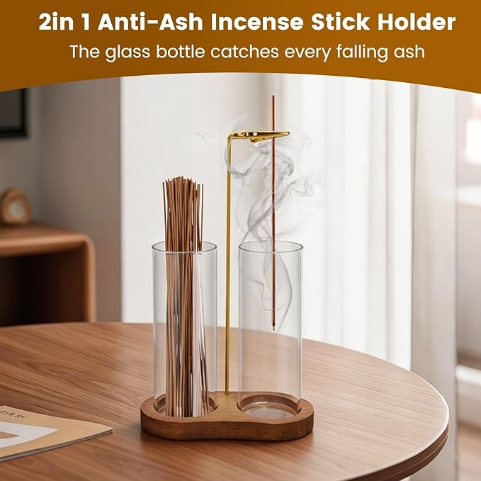 2-in-1 Incense Holder for Sticks: Incense Burner with Ash Catcher for Home Room House Office Apartment Decor - Wooden Decorations Accessories for Meditation Yoga Spa