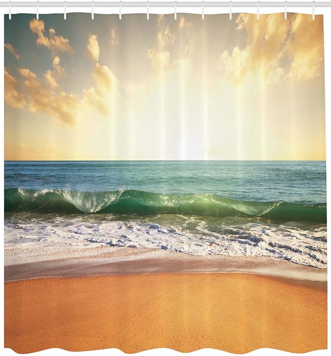 Ambesonne Ocean Shower Curtain, Sunset at a Smooth Sandy Beach with Small Wave and Bubbles from The Sea, Cloth Fabric Bathroom Decor Set with Hooks, 69" W x 70" L, Amber Cream