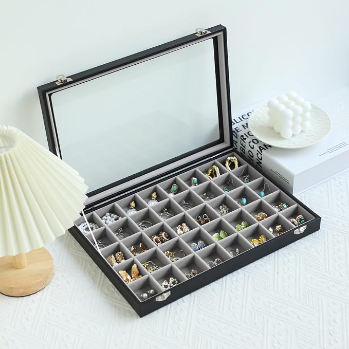 Stratalife 40 Grid Earring Organizer, Jewelry Holder Organizer with Lid | PU Leather Storage Box for Earring, Ring, Studs and Trinkets, Soft Velvet Drawer Organizer for Women, Dustproof, Gray Black
