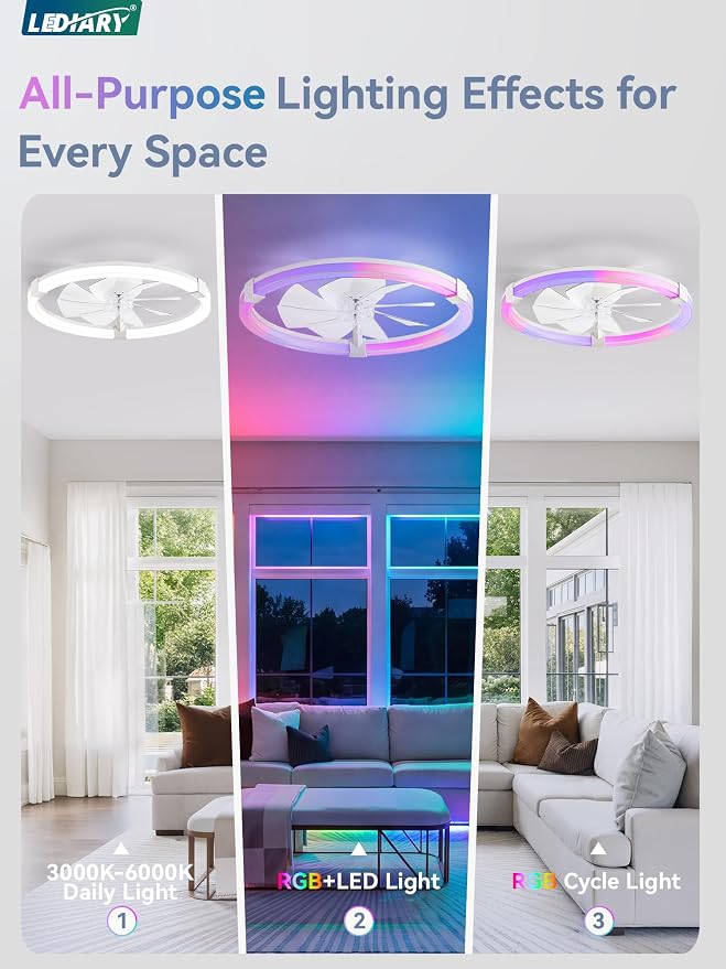 LEDIARY Ceiling Fan with Light,23inch Low Profile Fandelier with Remote RGB | RGB,6 Speeds, Reversible DC Motor, Dimmable Flush Mount Fan Light, Modern fans for Bedroom