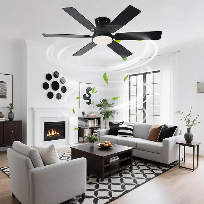 52 inch Black Ceiling Fans with Lights and Remote - Flush Mount Low Profile Ceiling Fan with Light, Reversible, 3CCT, Dimmable, Modern Indoor Ceiling Fan for Bedroom Living Room, Covered Patios