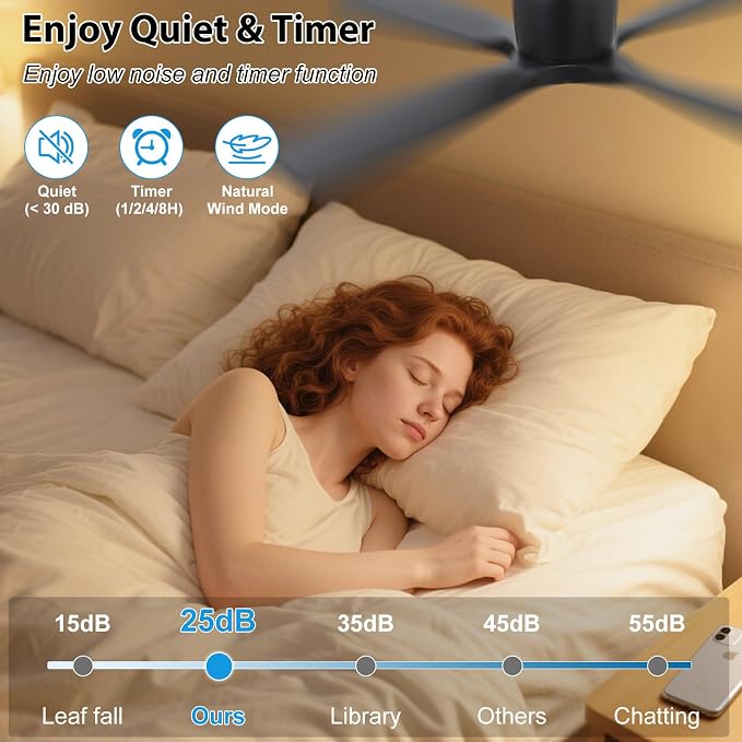 WINGBO 48 Inch Ceiling Fan Without Light,Solid Wood Flush Mount Ceiling Fan with Remote Control, Reversible DC Motor, 4 Blades, 6-Speed Quiet Performance, for Bedroom & Living Room, Black