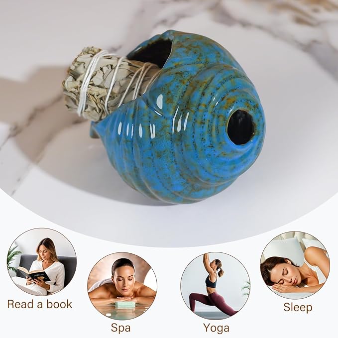 MOUGIGI Blue Conch Chiminea Palo Santo Burner - Ceramic Smudging Bowl、Incense Chimney,Works with Sage、Incense Cones,Energy Cleansing-Thoughtful Gifts for Meditation, Altar,Spa,Yoga, Aromatherapy