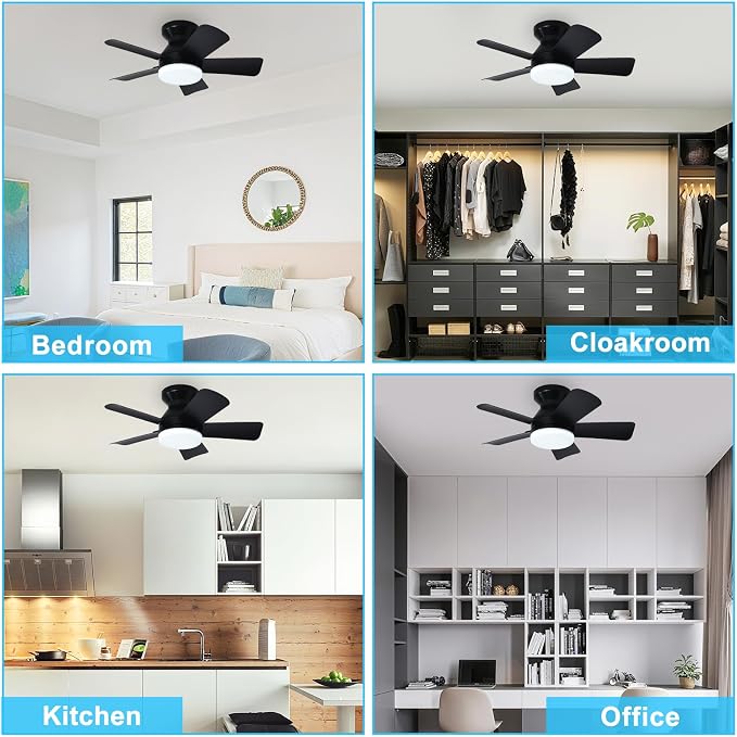 Depuley Modern Ceiling Fan with Light: 25-Inch Black Small Fans for Bedroom Indoor Outdoor - Dimmable Low Profile Ceiling Fans with Remote Control Flush Mount 5 Reversible Black Blades 6 Speeds Timer