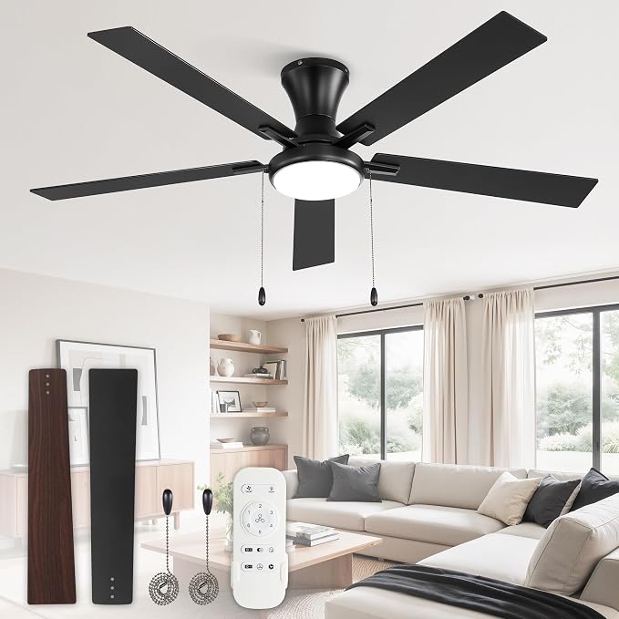 ZMISHIBO Ceiling Fans with Lights, Low Profile Ceiling Fan with Pull Chain and Remote Control, Flush Mount, Reversible, Dimmable, Noiseless, White Pull Cord Ceiling Fan for Bedroom(60inch Black)