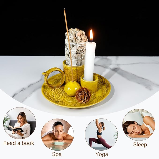 MOUGIGI 5.1-Inch 5-in-1 Yellow Ceramic Incense Holder - Fits Palo Santo, Sage, Incense Sticks/Cones, Small Candle, Smudge Burning Tray.Zen Altar for Meditation/Yoga, Aromatic Scents, Matches Friendly
