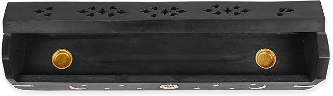 Incense Garden Pack of 2 Incense Stick Holder - Coffin Style - Wood Incense Stick Burner with Sun Moon Star Inlays Handmade with Brass Inlays (Black)
