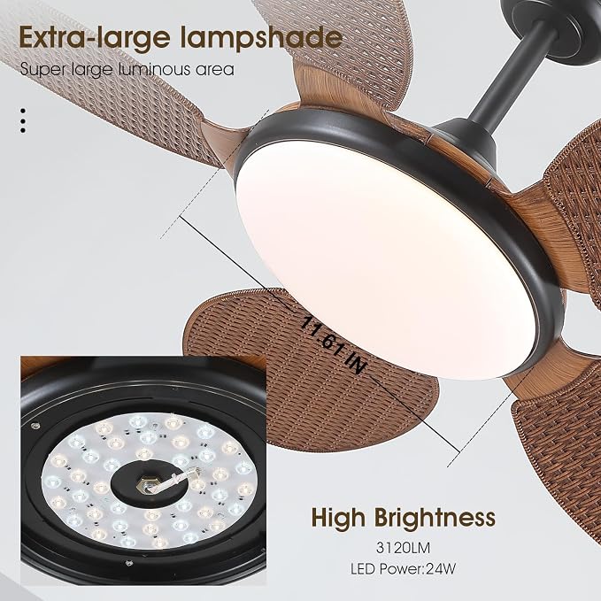 48"Tropical Style Palm Leaf Ceiling Fans with LED Lights and Remote & APP | Supports Remote and APP, 6 Wind Speeds, Reversible, Dimmable 3CCT LED, 35W Quiet DC Motor,Suits for Bedroom Kitchen