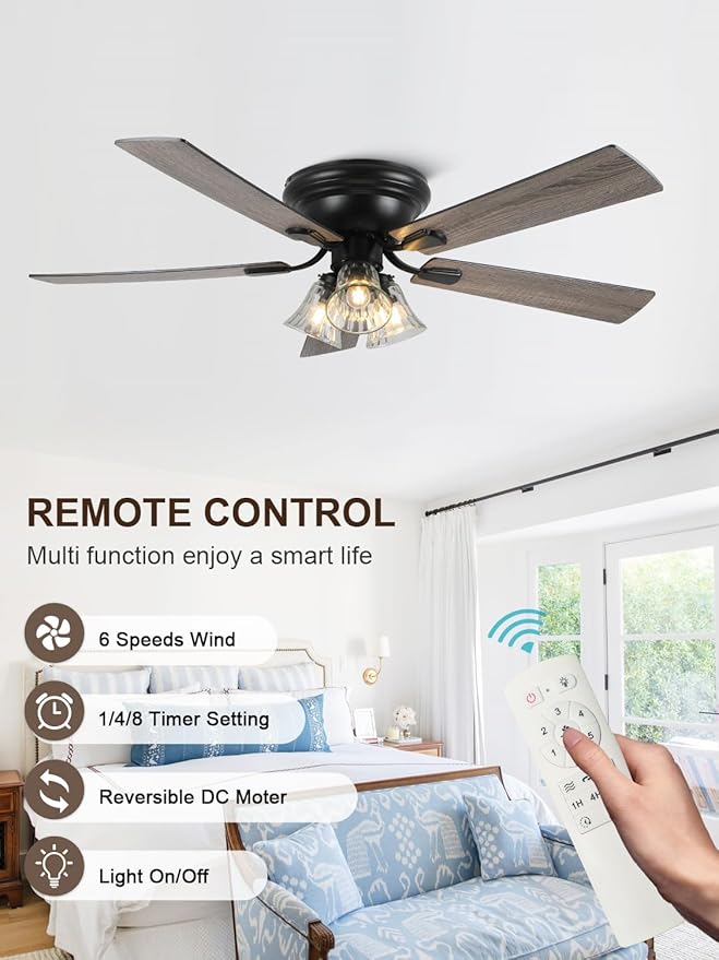 52 Inch Vintage Flush Mount Ceiling Fan with Lights and Remote | Farmhouse Rustic Fandelier, Low Profile Antique Chandelier, 3 E26 Bulbs 5 Blade, for Bedroom Living Room