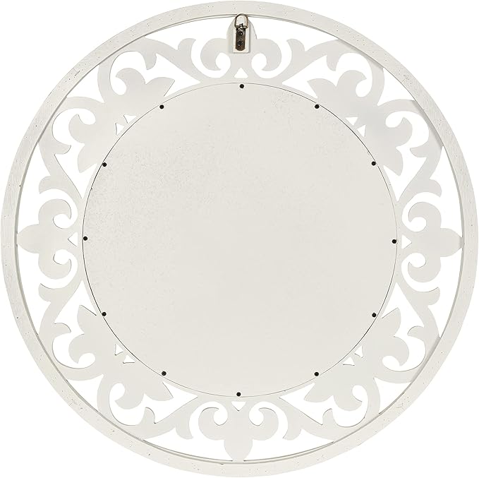 Kate and Laurel Shovali Coastal Round Mirror; 32 Inch Diameter; White; Decadent Wall Decor with Ornate Wood-Carved Frame