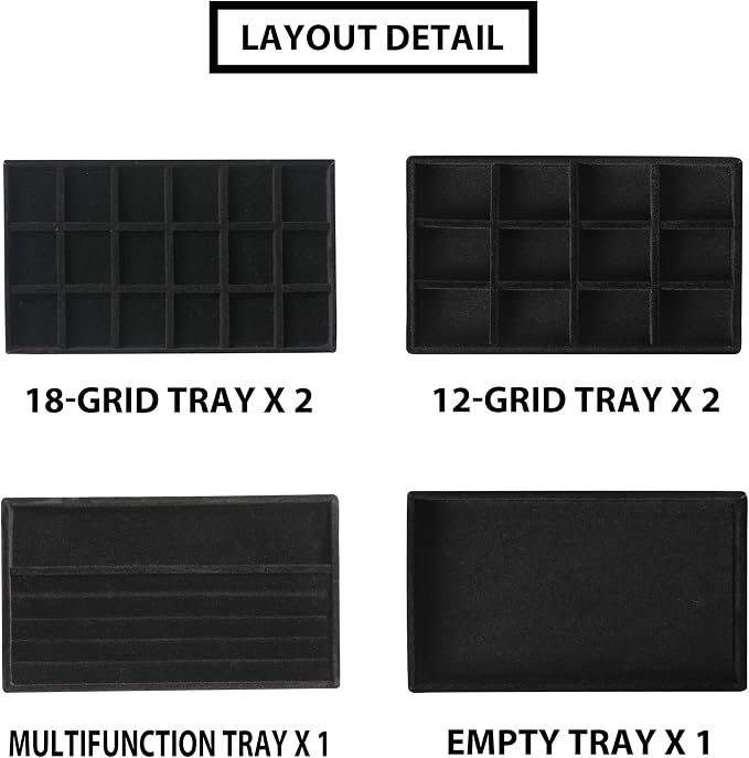 Frebeauty Jewelry Trays for Drawer,Set of 6 Jewelry Organizer and Storage | Velvet Material,Earring Holder Organizer,Stackable Jewelry Display for Vanity,Drawer Inserts for Rings,Studs,8.3×4.9 inch