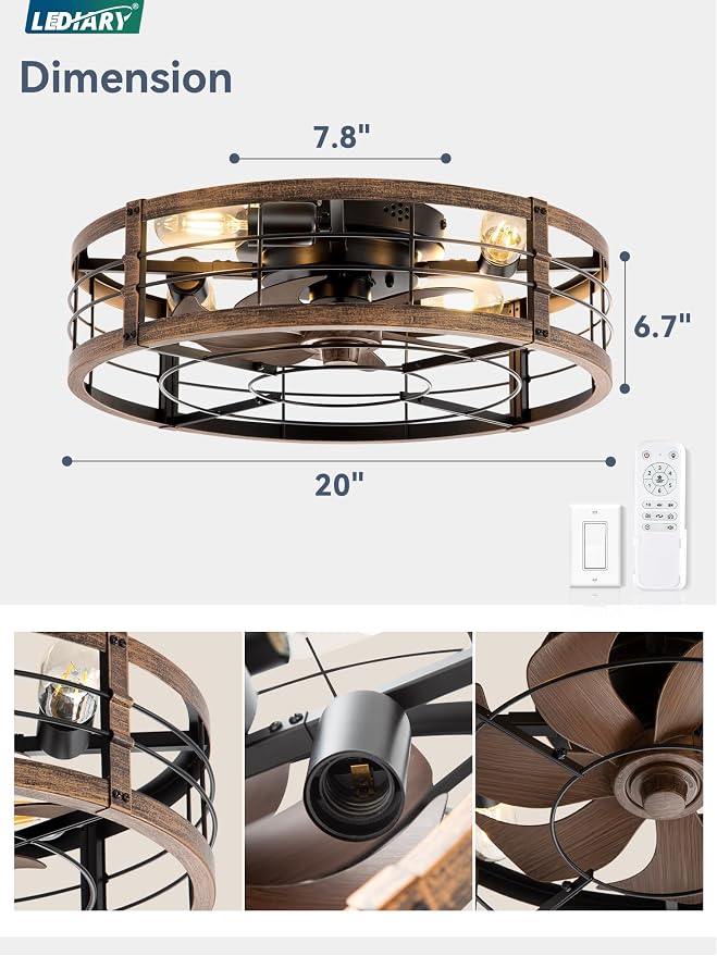 LEDIARY 20" Caged Ceiling Fan with Light and Remote, Low Profile Flush Mount Fandelier, Black Gold Bladeless Enclosed Small Ceiling Fan Light Fixtures, Rustic Farmhouse Style for Bedroom, Outdoor