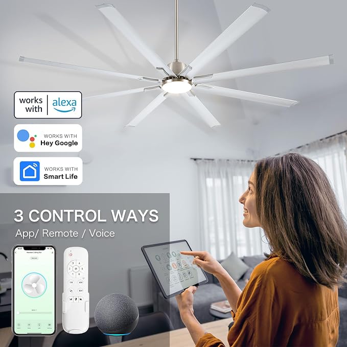 84 Inch Industrial Ceiling Fans with Light,Large Ceiling Fan with Modern 8 Aluminum Blades,Compatible with Alexa,Noiseless DC Motor,Black Outdoor Fan for Garage or Pool area