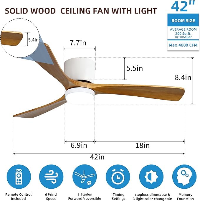 Ceiling Fans with Lights and Remote Control, 42 Inch Solid Wood Blade, Low Profile Flush Mount, LED Dimmable DC Reversible Modern Ceiling Fans with APP Control for Bedrooms, Living Rooms, Patio, White