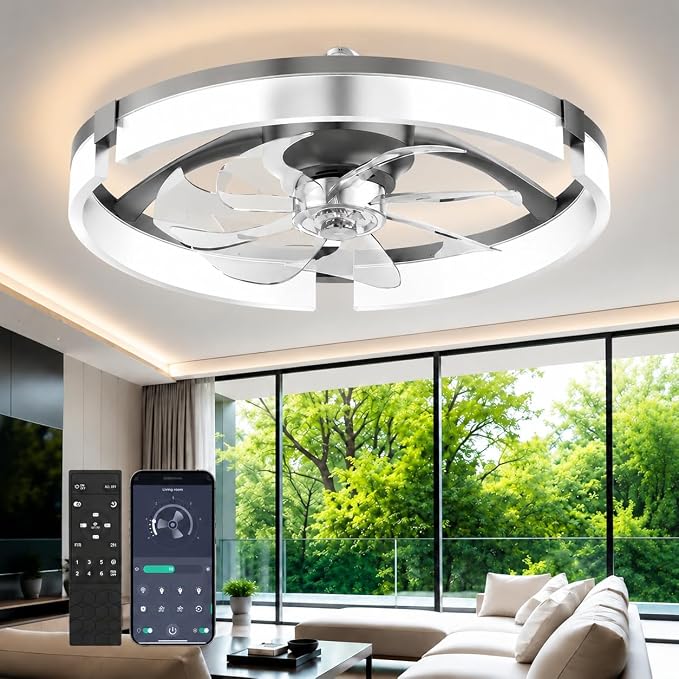 Ceiling Fans with Lights and Remote, 20'' Low Profile Ceiling Fan, 1-6 Wind Speeds, 3000-6500K Dimmable Flush Mount LED Fan Light, Modern Fandelier Ceiling Fans for Bedroom