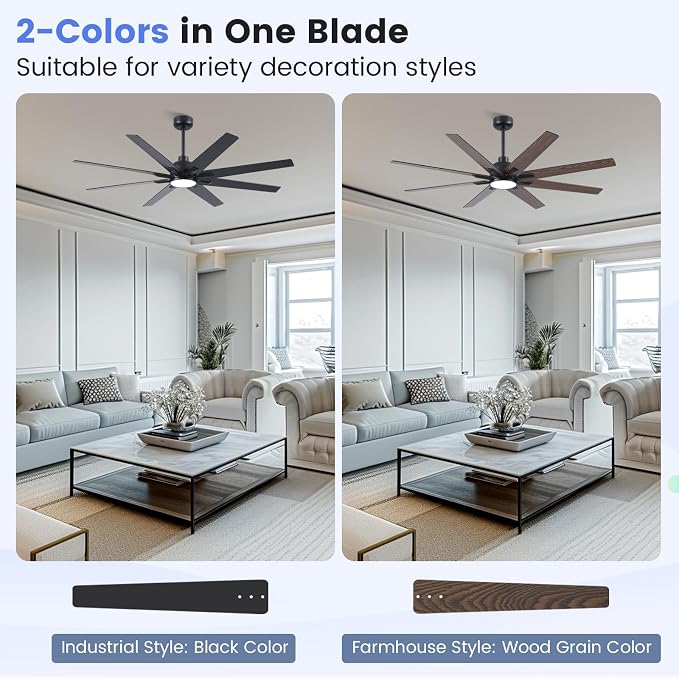 Newday 62 inch Large Ceiling Fans with Lights and Remote, Indoor/Outdoor Black Modern Ceiling Fan for Kitchen Living Room Patio, 6 Speed Reversible Quiet DC Motor, 3 CCT, Dual Finish 8 Blades