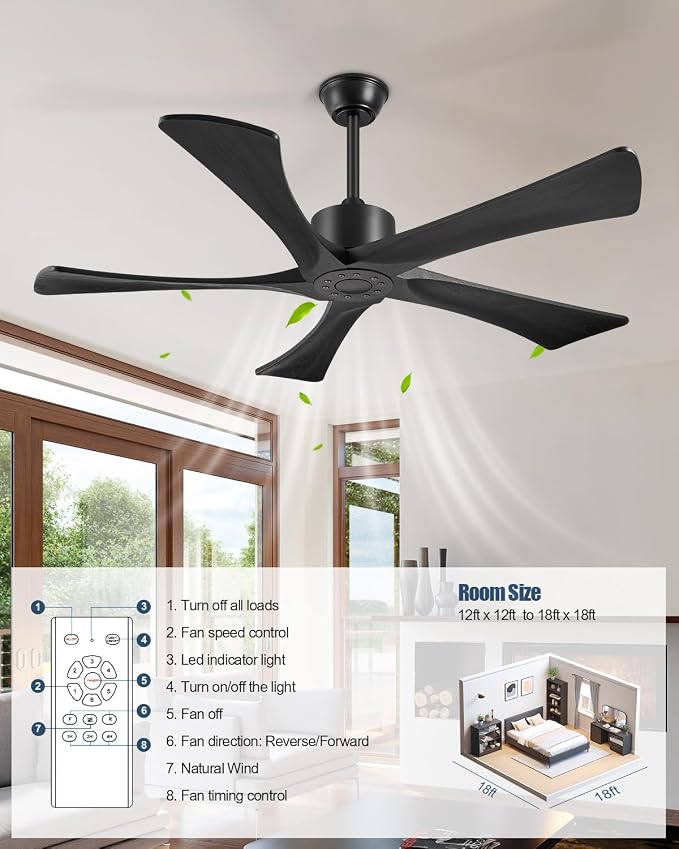 52 Inch Ceiling Fans Without Lights, USA Original Patent Outdoor Ceiling Fan No Light, 5 Wood Blades, ETL Listed, 6 Speeds Quiet DC Motor Modern Fan with Remote for Patios, 52", Matte Black
