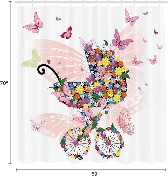Ambesonne Butterflies Shower Curtain, Stroller of Flowers and Butterflies Carriage Cart Celebration Shower Theme, Cloth Fabric Bathroom Decor Set with Hooks, 69" W x 70" L, Multicolor