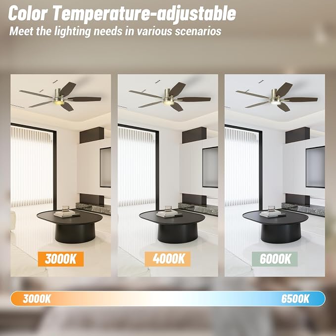 52" Flush Mount Ceiling Fan - 5 Blades Ceiling Fan with Light for Living Room and Bedroom - 5000 CFM - Quiet DC Motor - Dimmable - Reversible Function - Light Wood Tone/Dark Brown