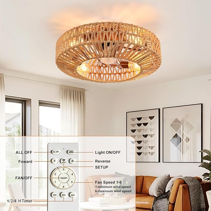 Depuley Boho Ceiling Fan with Light: 20 Inch Textured Rope Flush Mount Fandelier with Remote and Timer Control - Walnut Caged Ceiling Fan with 6 Speeds - Indoor Quiet Fan for Bedroom and Living Room