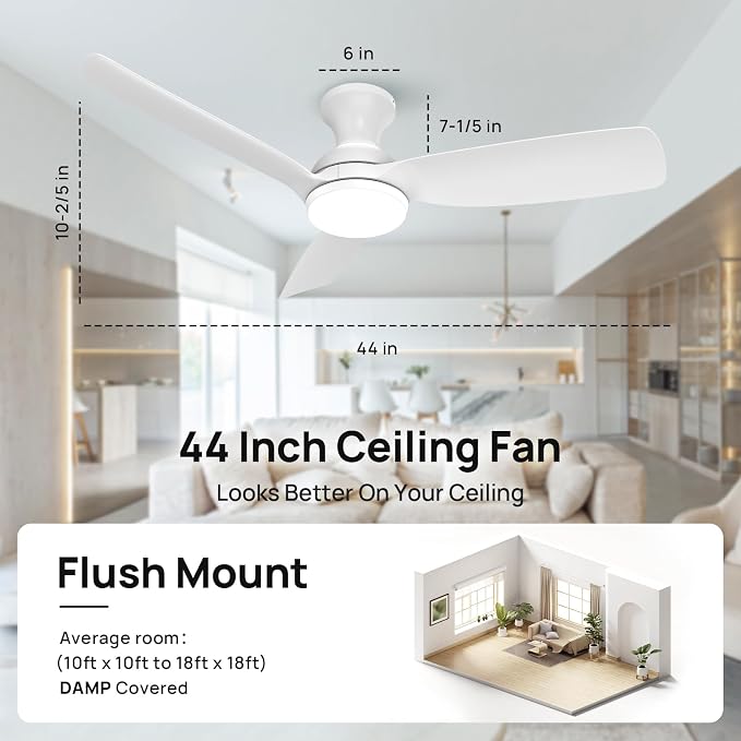 Consciot Ceiling Fan, 44 Inch Ceiling Fan With Lights Remote Control, White Low Profile Modern Flush Mount, Reversible Quiet DC Motor, 6 Speed, Dimmable, For Indoor and Covered Outdoor