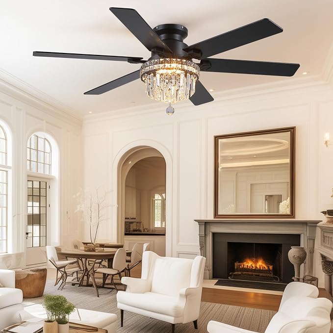 Asyko 52" Low Profile Crystal Ceiling Fans with LED Lights and Remote/APP | Supports Remote and APP,Reversible 6 Wind Speeds,30W Quiet DC Motor,6 Wood Blades,Dimmable 30W LED,Suits for Bedroom Kitchen