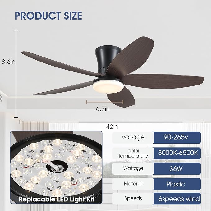 Surtime Ceiling Fans with Lights-42 Low Profile Ceiling Fan with Light and Remote/APP Control,Flush Mount,DC Reversible,LED Dimmable Modern Ceiling Fans for Bedroom,Indoor/Outdoor Patio Use(Brown)