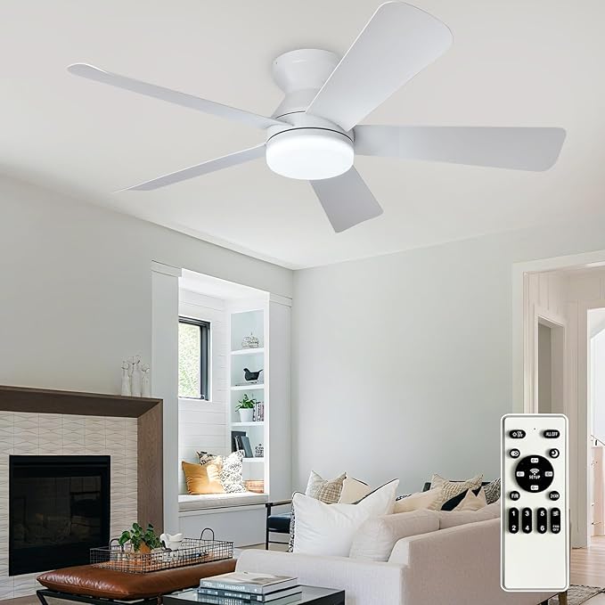 Ceiling Fans with Lights and Remote: 42 Inch Ceiling Fan with Light Low Profile - Flush Mount Ceiling Fan 5 Blades Reversible 3CCT Dimmable Noiseless for Bedroom (White)