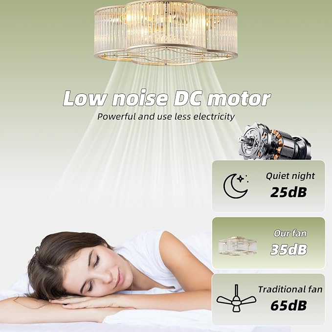 20" Gold Crystal Ceiling Fan with Light, Crystal Flush Mount Ceiling Fan with Light Remote Control, Caged Enclosed with 6 Speeds for Bedroom, Living Room, Foyer, Nursery (Clear)