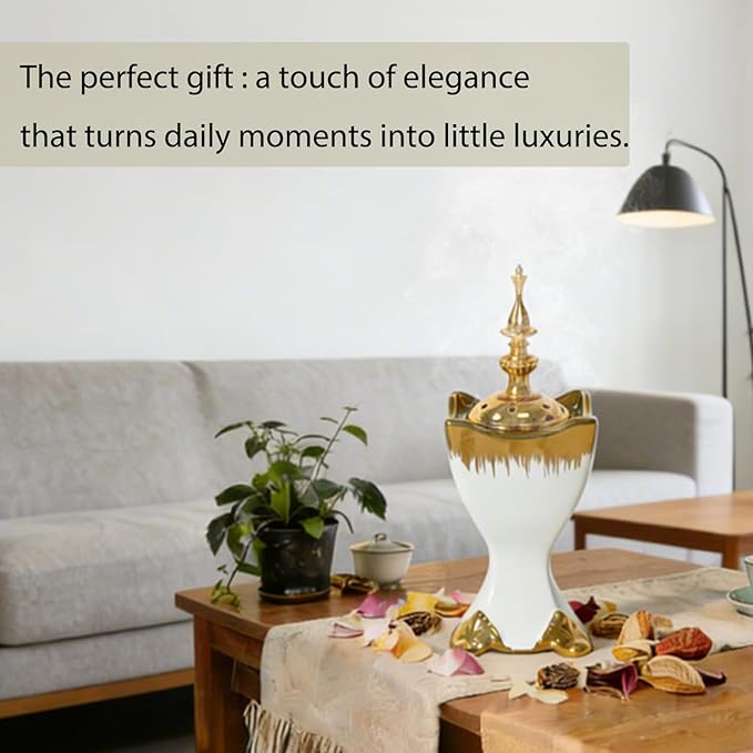 Ceramic Bakhoor Incense Burner - Tranditional Golden Bakhoor Burner - for Yoga, Spa, Aromatherapy, Office & Home Decor