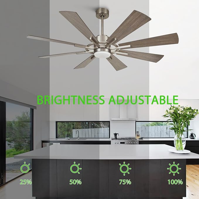 60 inch Large Ceiling Fans with Lights and Remote, Indoor/Outdoor Nickel Ceiling Fan, 8 Blades, Quiet DC Motor, Ceiling Fan 60 inch for Kitchen Living Room Garage, 3 CCT, 6 Speed, Timer