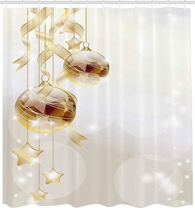 Ambesonne Christmas Shower Curtain, Xmas Balls with Swirled Ribbons and Stars on Modern Abstract Background, Cloth Fabric Bathroom Decor Set with Hooks, 69" W x 75" L, White Yellow